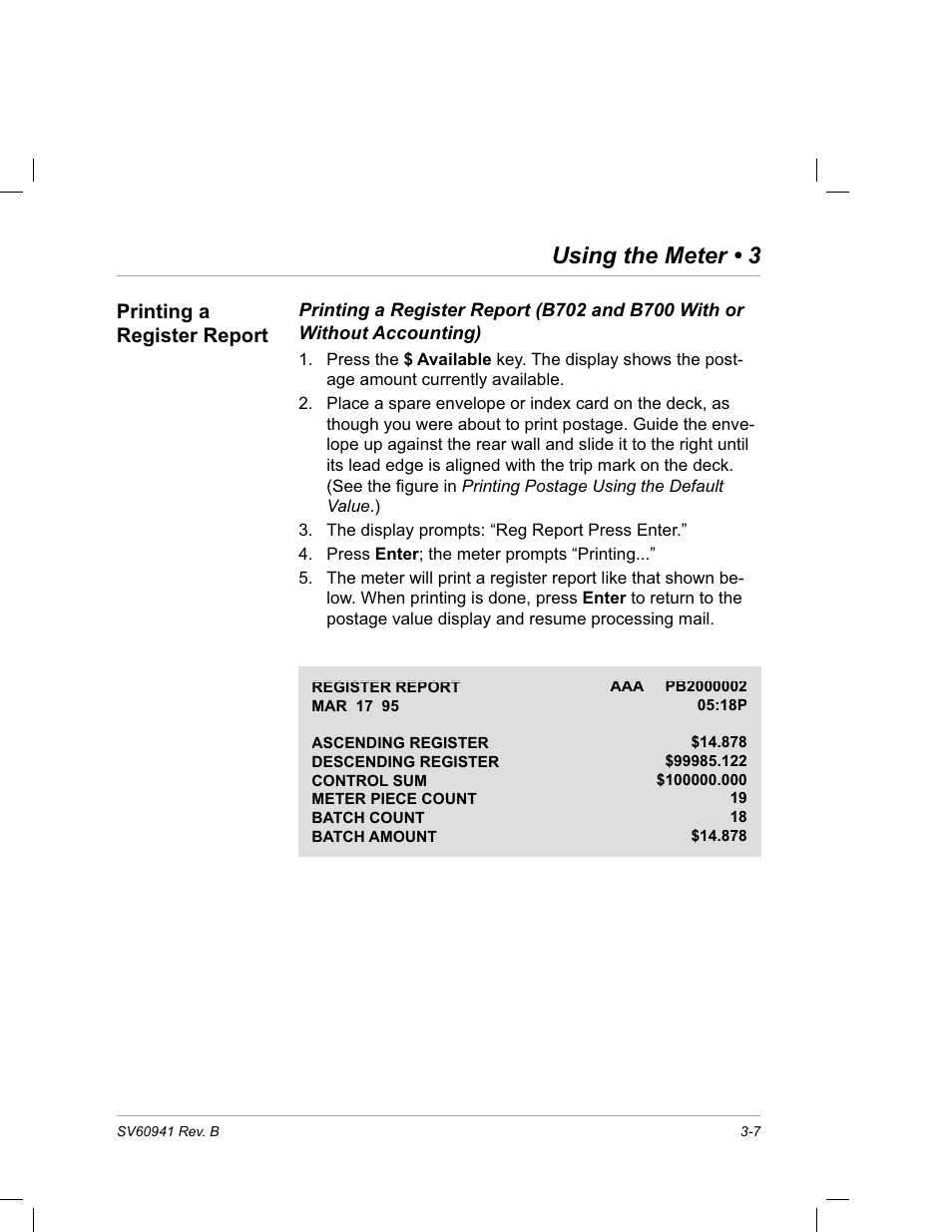 Printing a register report, Using the meter • 3 | Pitney Bowes PostPerfect B700 User Manual | Page 30 / 96