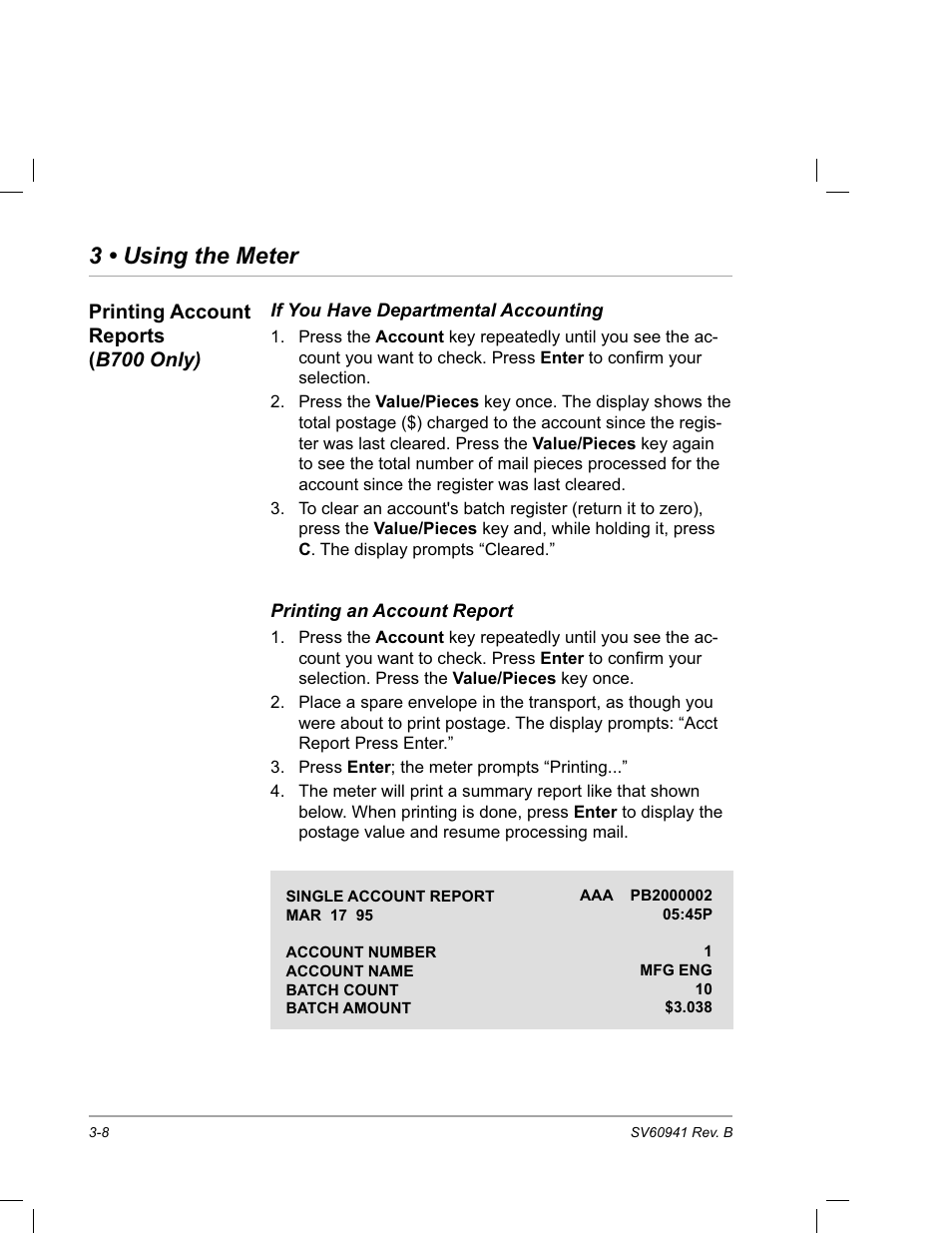 Printing account reports (b700 only), If you have departmental accounting, Printing an account report | 3 • using the meter | Pitney Bowes PostPerfect B700 User Manual | Page 31 / 96