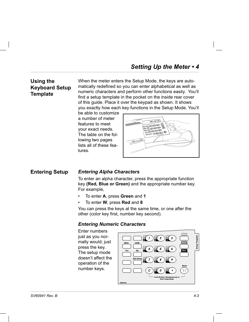 Using the keyboard setup template, Entering setup, Entering alpha characters | Entering numeric characters, Setting up the meter • 4 | Pitney Bowes PostPerfect B700 User Manual | Page 38 / 96