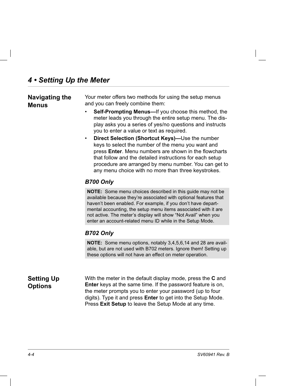 Navigating the menus, Setting up options, 4 • setting up the meter | Pitney Bowes PostPerfect B700 User Manual | Page 39 / 96