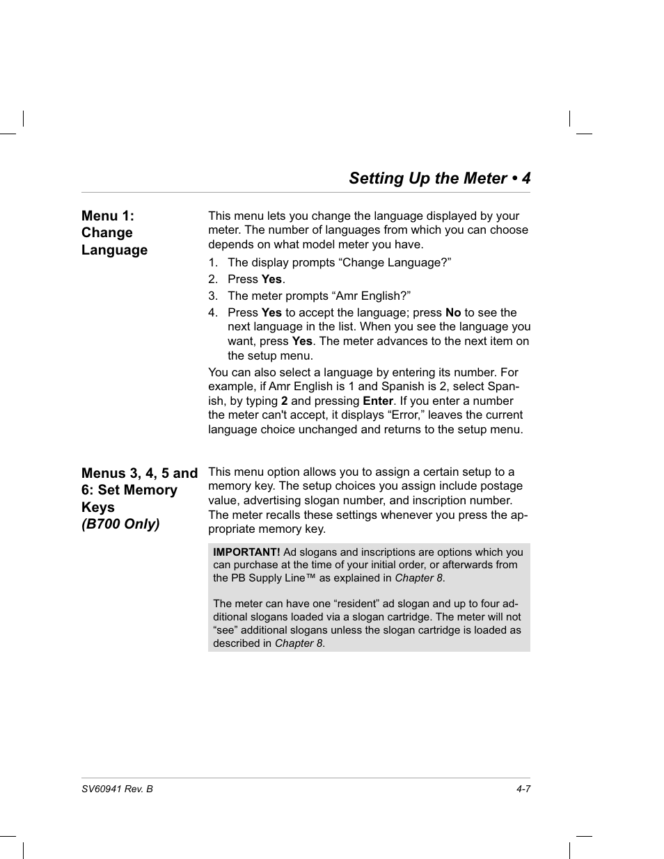 Menu 1: change language, Menus 3, 4, 5 and 6: set memory keys (b700 only), Setting up the meter • 4 | Pitney Bowes PostPerfect B700 User Manual | Page 42 / 96