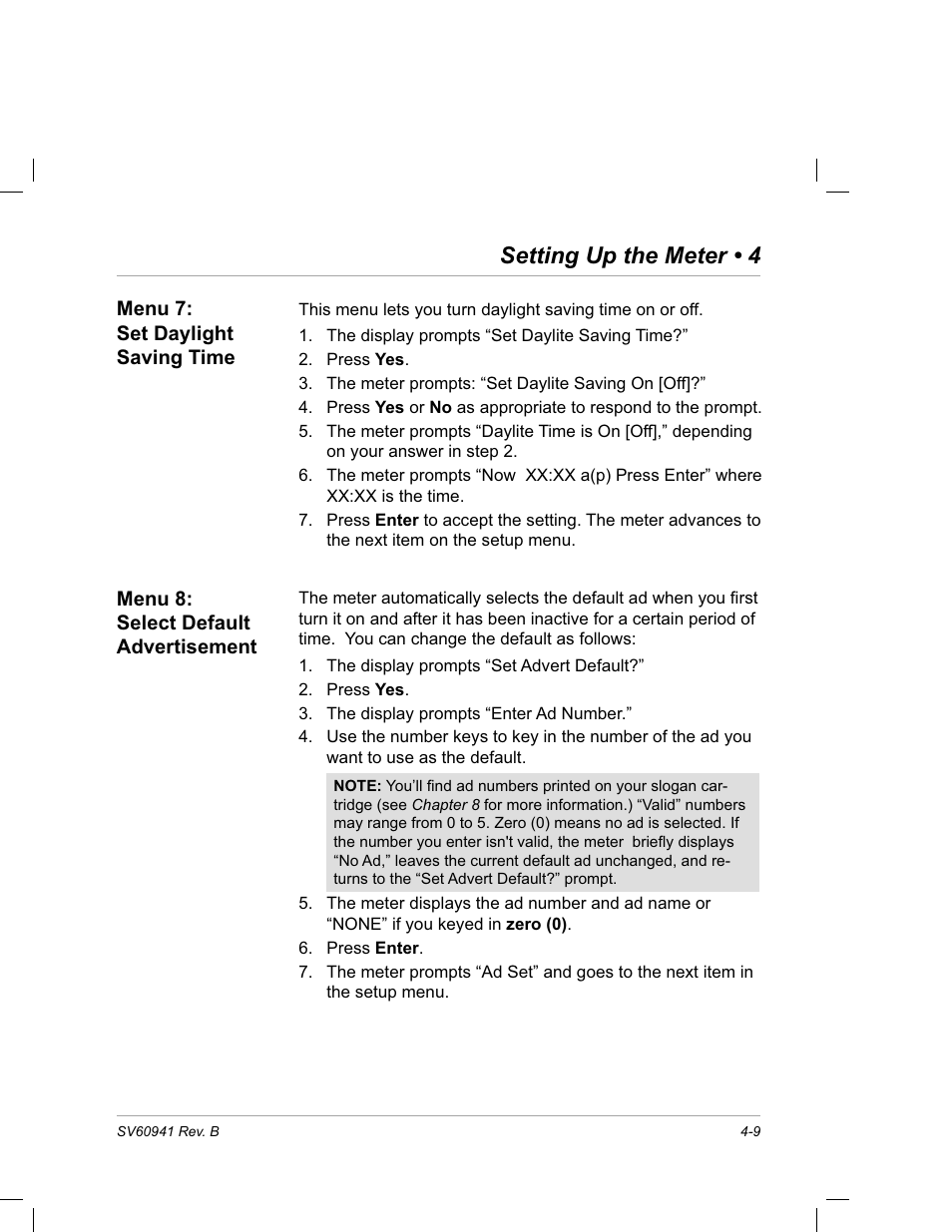 Menu 7: set daylight saving time, Menu 8: select default advertisement, Setting up the meter • 4 | Pitney Bowes PostPerfect B700 User Manual | Page 44 / 96