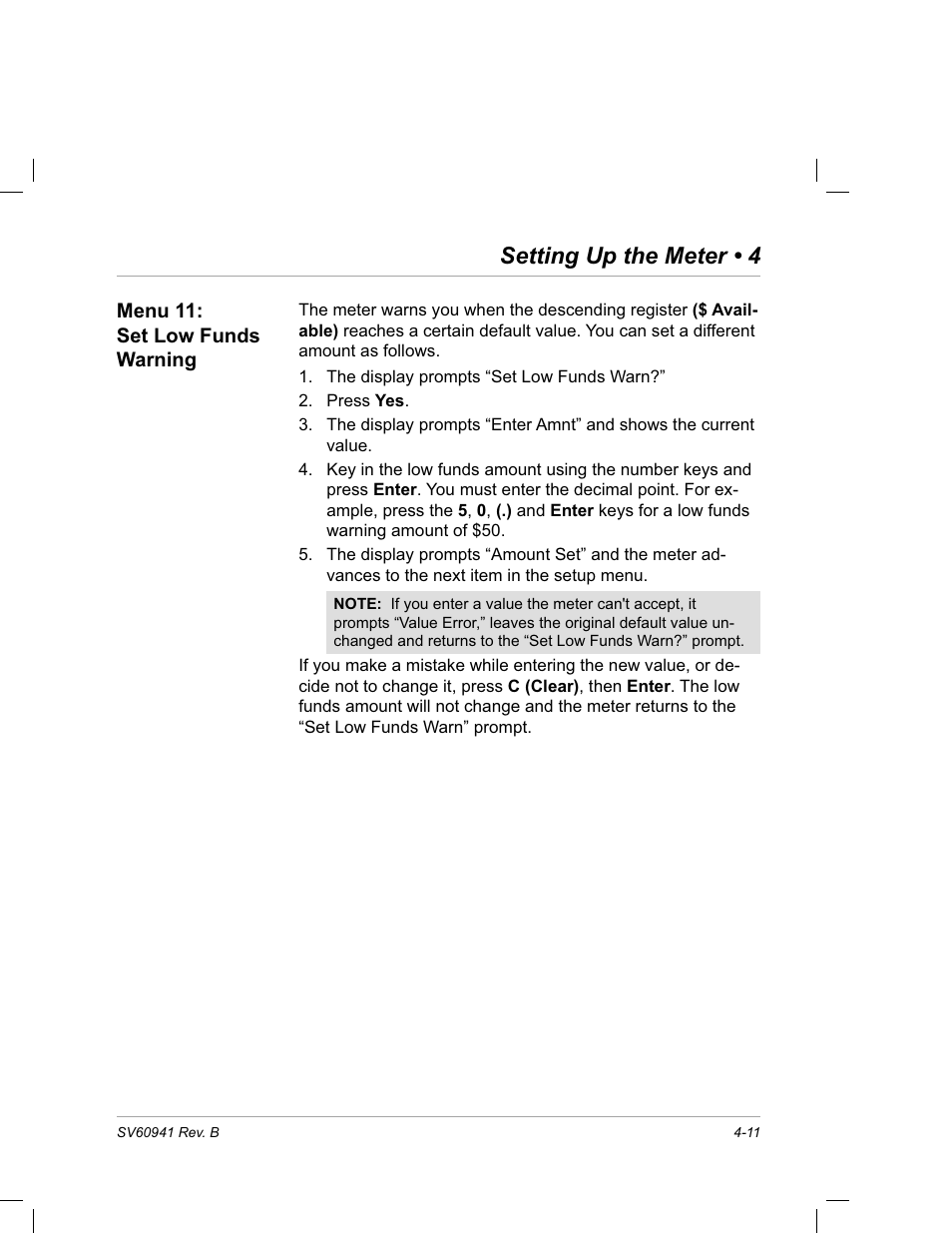 Menu 11: set low funds warning, Setting up the meter • 4 | Pitney Bowes PostPerfect B700 User Manual | Page 46 / 96