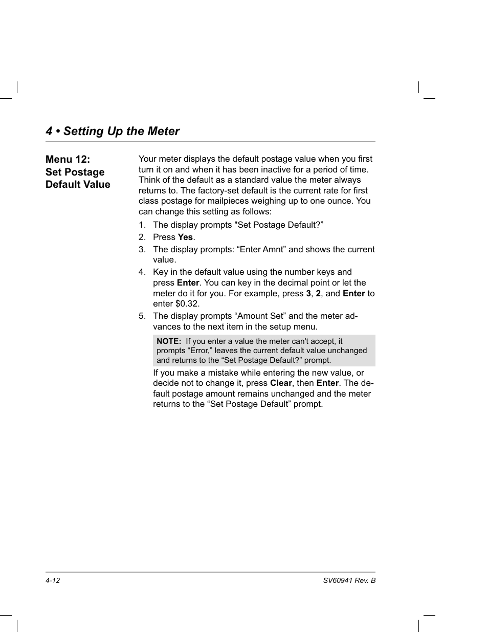 Menu 12: set postage default value, 4 • setting up the meter | Pitney Bowes PostPerfect B700 User Manual | Page 47 / 96