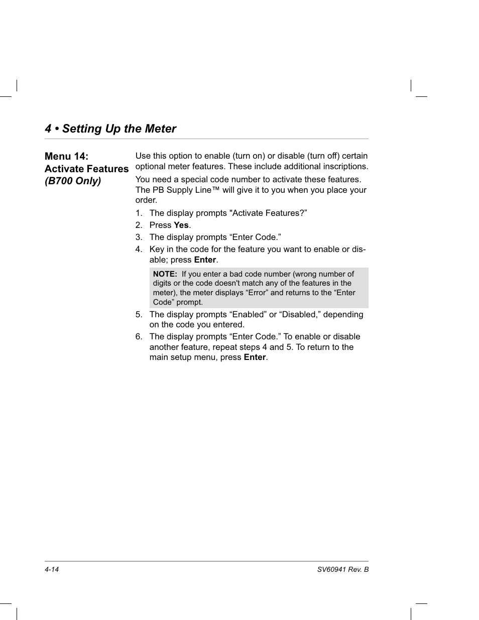 Menu 14: activate features (b700 only), 4 • setting up the meter | Pitney Bowes PostPerfect B700 User Manual | Page 49 / 96
