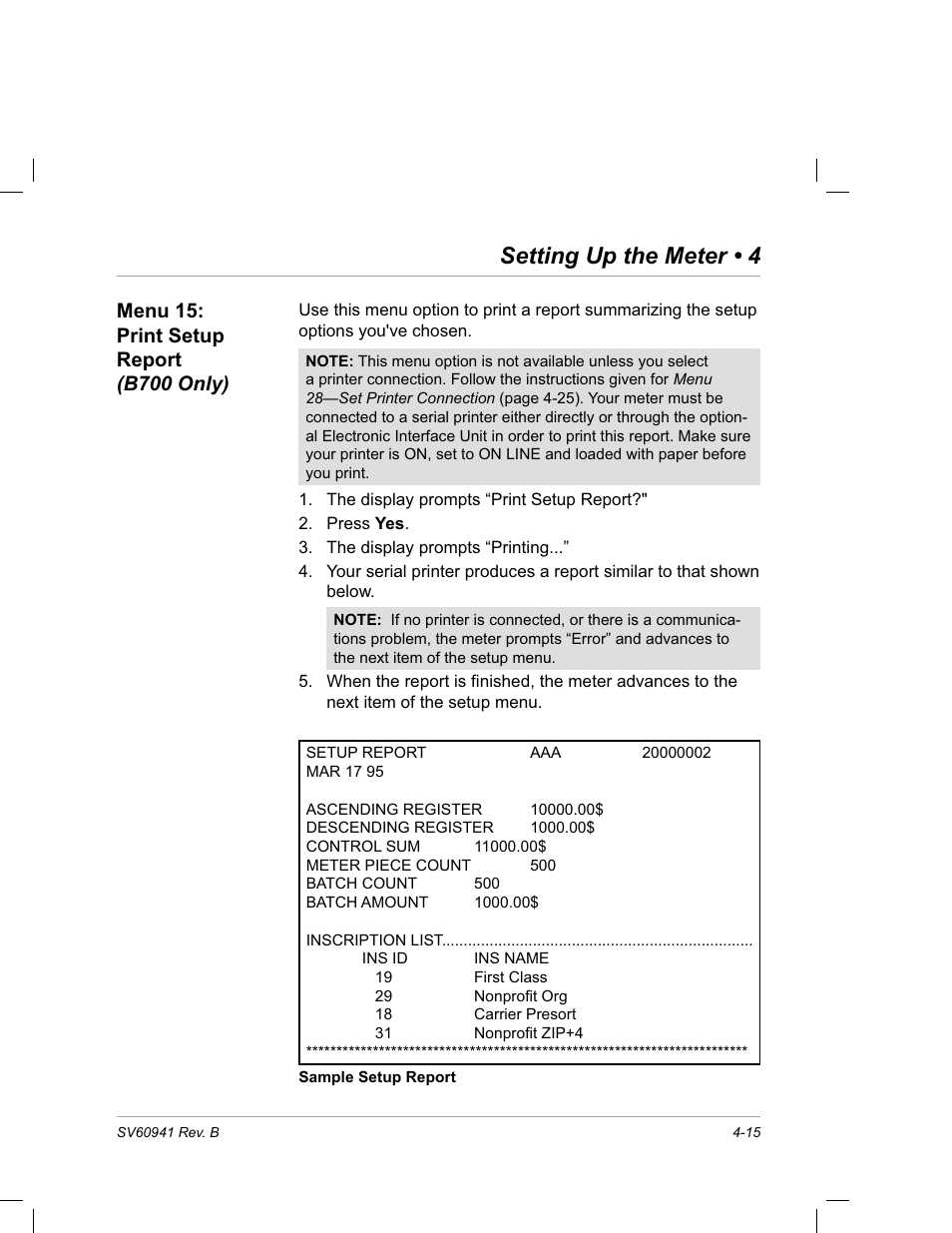 Menu 15: print setup report (b700 only), Setting up the meter • 4 | Pitney Bowes PostPerfect B700 User Manual | Page 50 / 96