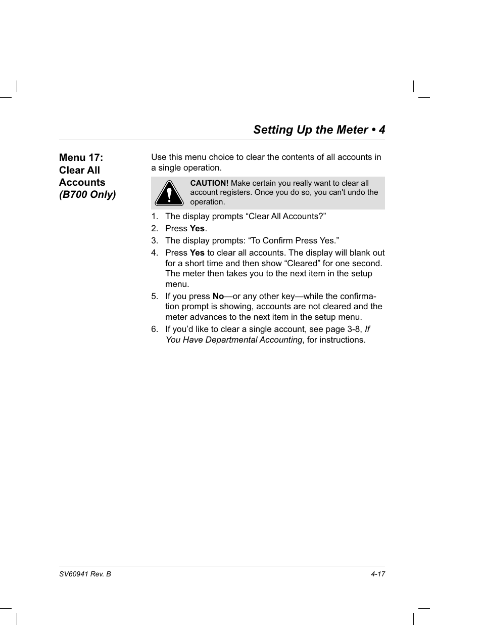 Menu 17: clear all accounts (b700 only), Setting up the meter • 4 | Pitney Bowes PostPerfect B700 User Manual | Page 52 / 96