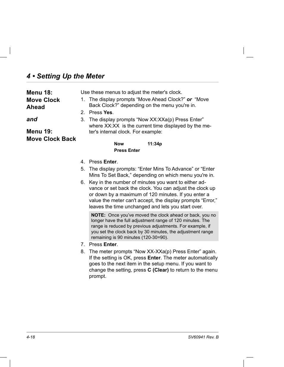 Menu 18: move clock ahead, Menu 19: move clock back, 4 • setting up the meter | Pitney Bowes PostPerfect B700 User Manual | Page 53 / 96