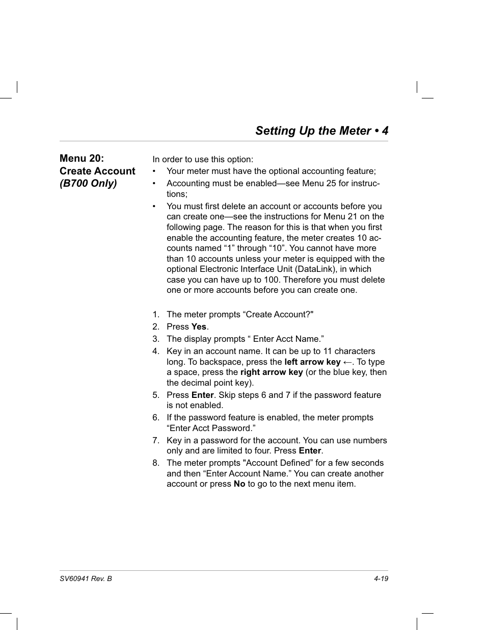 Menu 20: create account (b700 only), Setting up the meter • 4 | Pitney Bowes PostPerfect B700 User Manual | Page 54 / 96