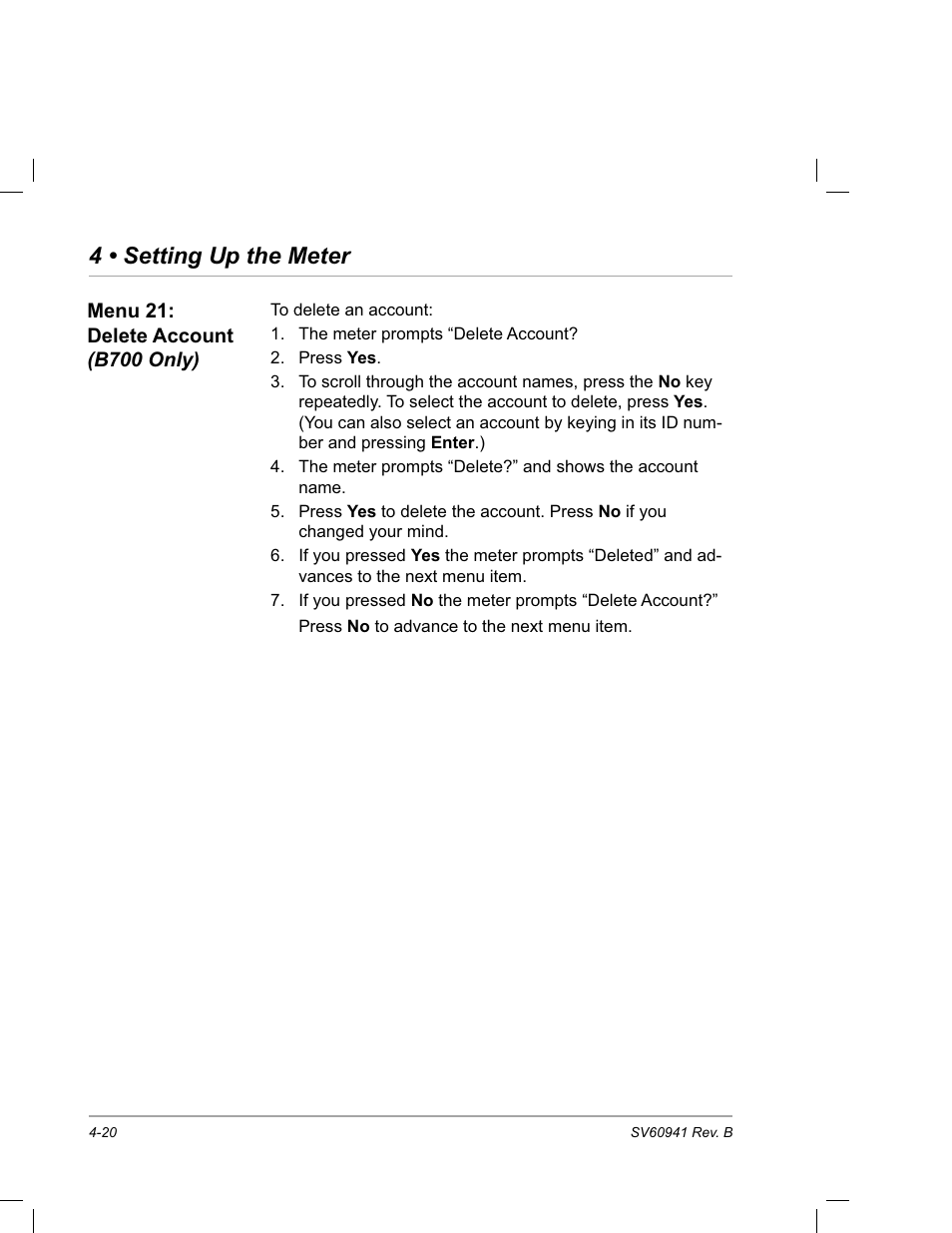 Menu 21: delete account (b700 only), 4 • setting up the meter, Menu 22 | Pitney Bowes PostPerfect B700 User Manual | Page 55 / 96