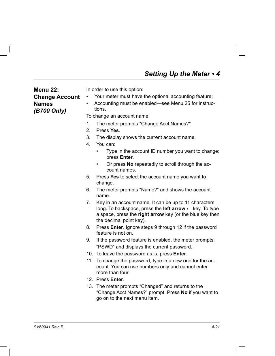 Menu 22: change account names (b700 only), Setting up the meter • 4 | Pitney Bowes PostPerfect B700 User Manual | Page 56 / 96