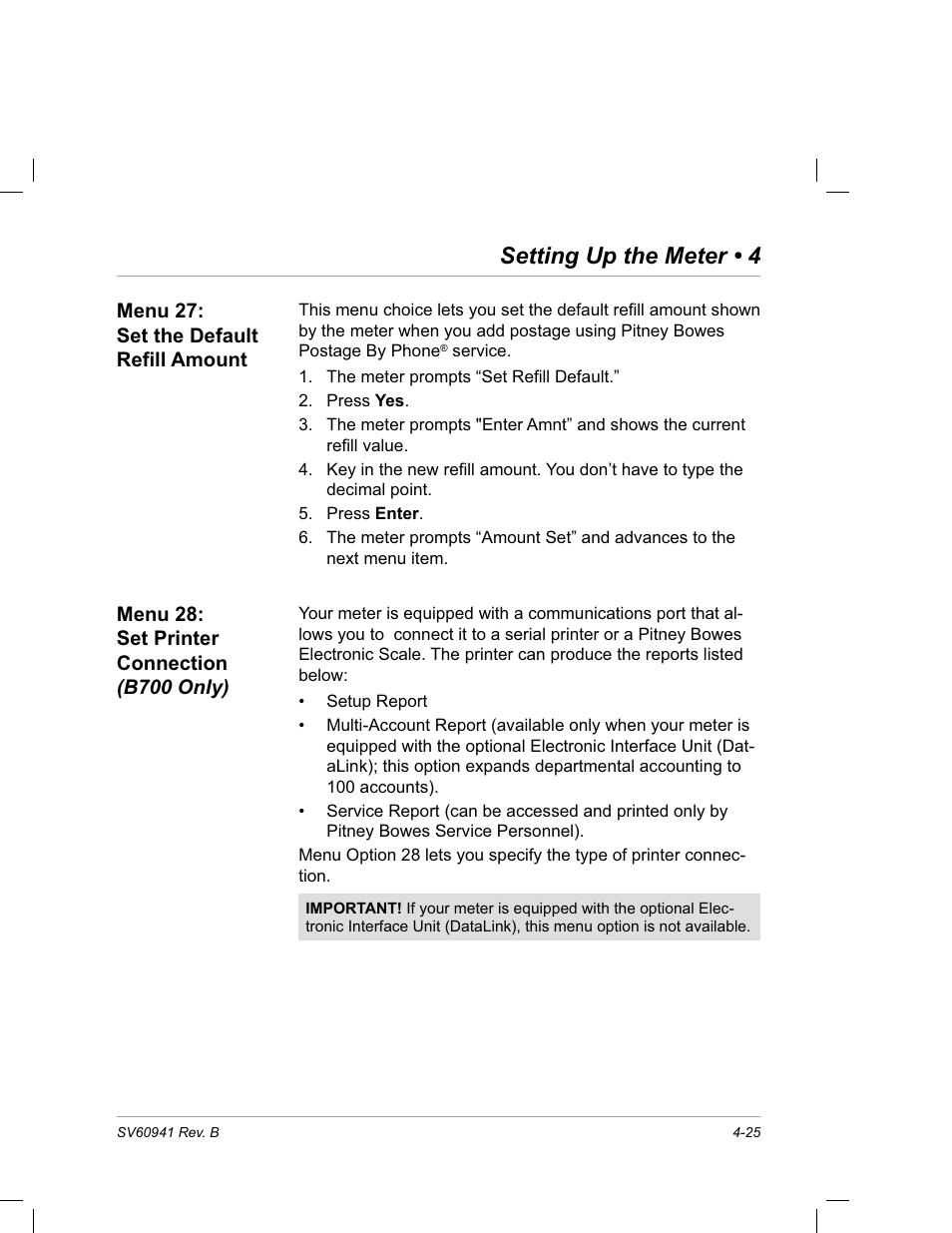 Menu 27: set the default refill amount, Menu 28: set printer connection (b700 only), Setting up the meter • 4 | Pitney Bowes PostPerfect B700 User Manual | Page 60 / 96