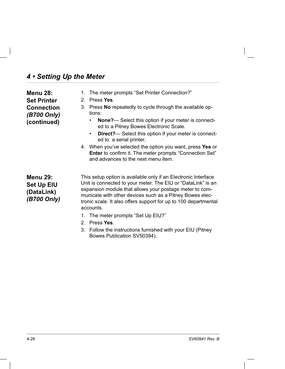 Menu 29: set up eiu (datalink) (b700 only), 4 • setting up the meter | Pitney Bowes PostPerfect B700 User Manual | Page 61 / 96