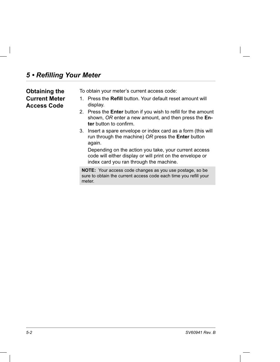 Obtaining the current meter access code, 5 • refilling your meter | Pitney Bowes PostPerfect B700 User Manual | Page 63 / 96