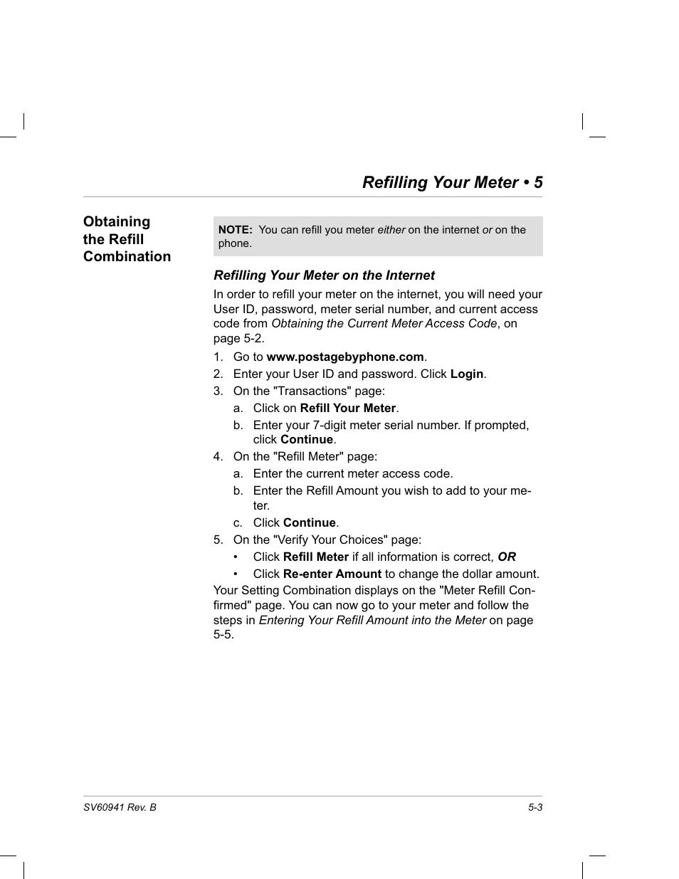 Obtaining the refill combination, Refilling your meter • 5 | Pitney Bowes PostPerfect B700 User Manual | Page 64 / 96