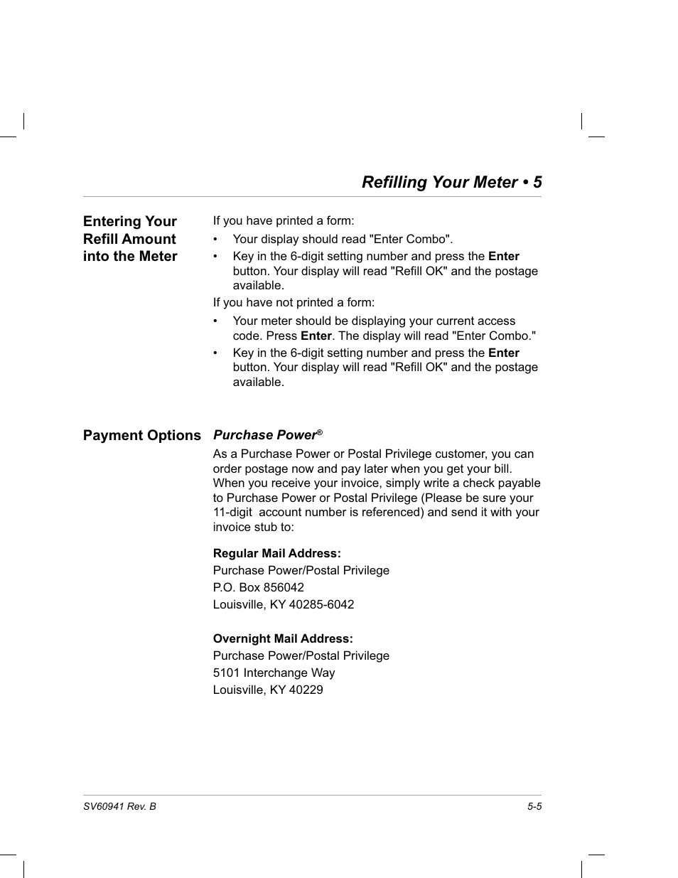 Entering your refill amount into the meter, Payment options, Purchase power | Refilling your meter • 5 | Pitney Bowes PostPerfect B700 User Manual | Page 66 / 96