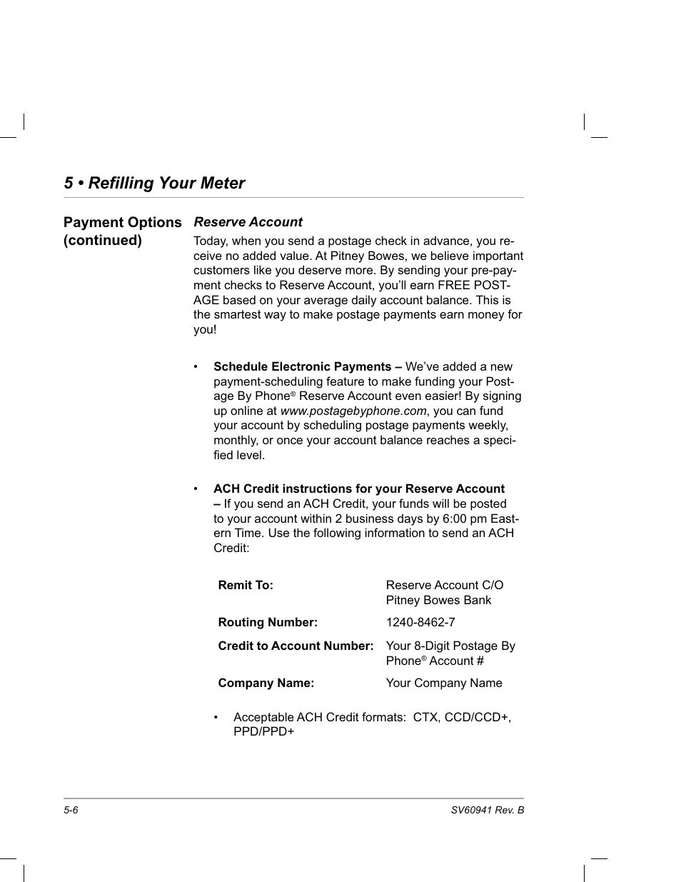 Reserve account, 5 • refilling your meter, Payment options (continued) | Pitney Bowes PostPerfect B700 User Manual | Page 67 / 96