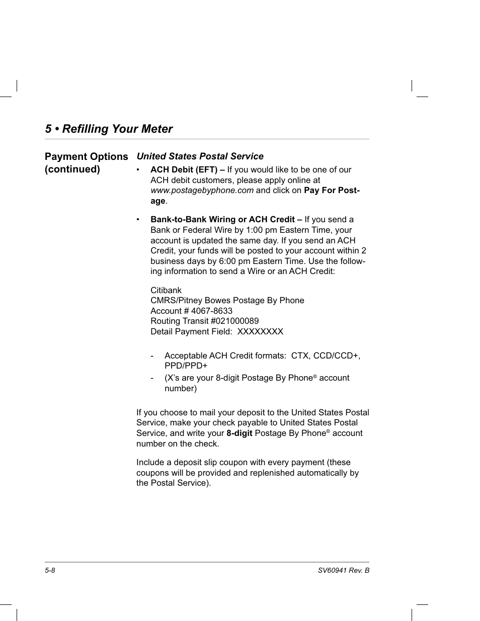 United states postal service, 5 • refilling your meter | Pitney Bowes PostPerfect B700 User Manual | Page 69 / 96