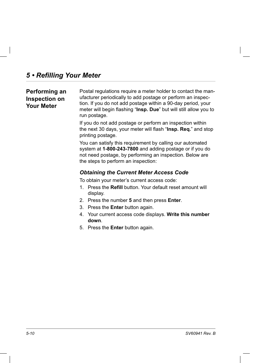 Performing an inspection on your meter, Obtaining the current meter access code, 5 • refilling your meter | Pitney Bowes PostPerfect B700 User Manual | Page 71 / 96