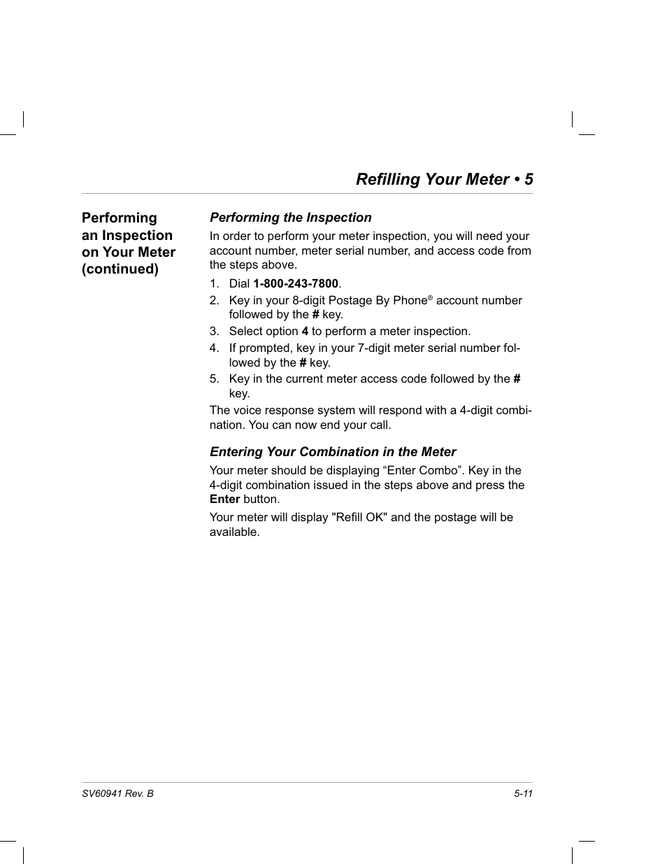 Performing the inspection, Entering your combination in the meter, Refilling your meter • 5 | Pitney Bowes PostPerfect B700 User Manual | Page 72 / 96