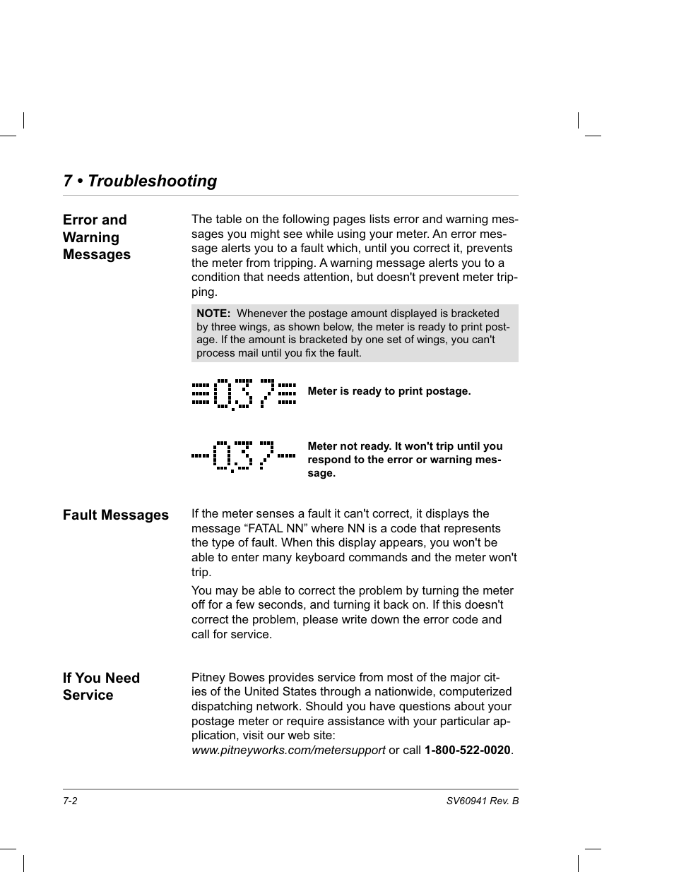 Error and warning message, Fault messages, If you need service | 7 • troubleshooting | Pitney Bowes PostPerfect B700 User Manual | Page 81 / 96