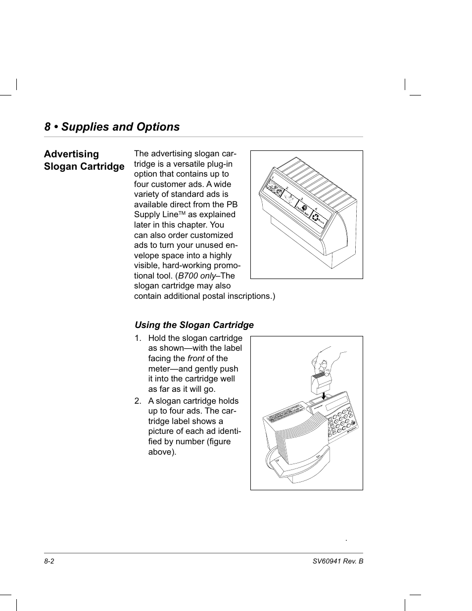 Advertising slogan cartridge, Using the slogan cartridge, 8 • supplies and options | Pitney Bowes PostPerfect B700 User Manual | Page 87 / 96