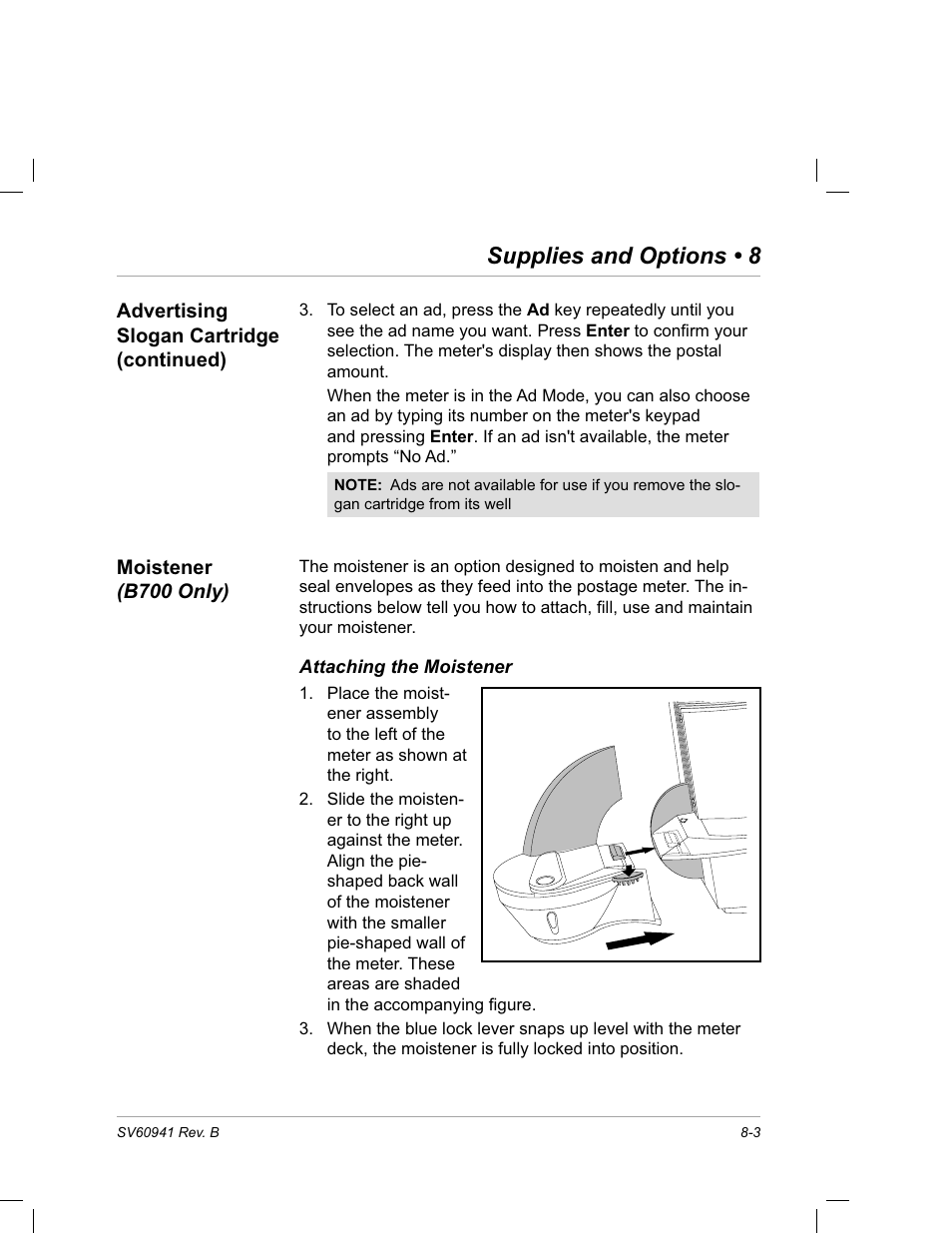 Moistener (b700 only), Attaching the moistener, Supplies and options • 8 | Pitney Bowes PostPerfect B700 User Manual | Page 88 / 96