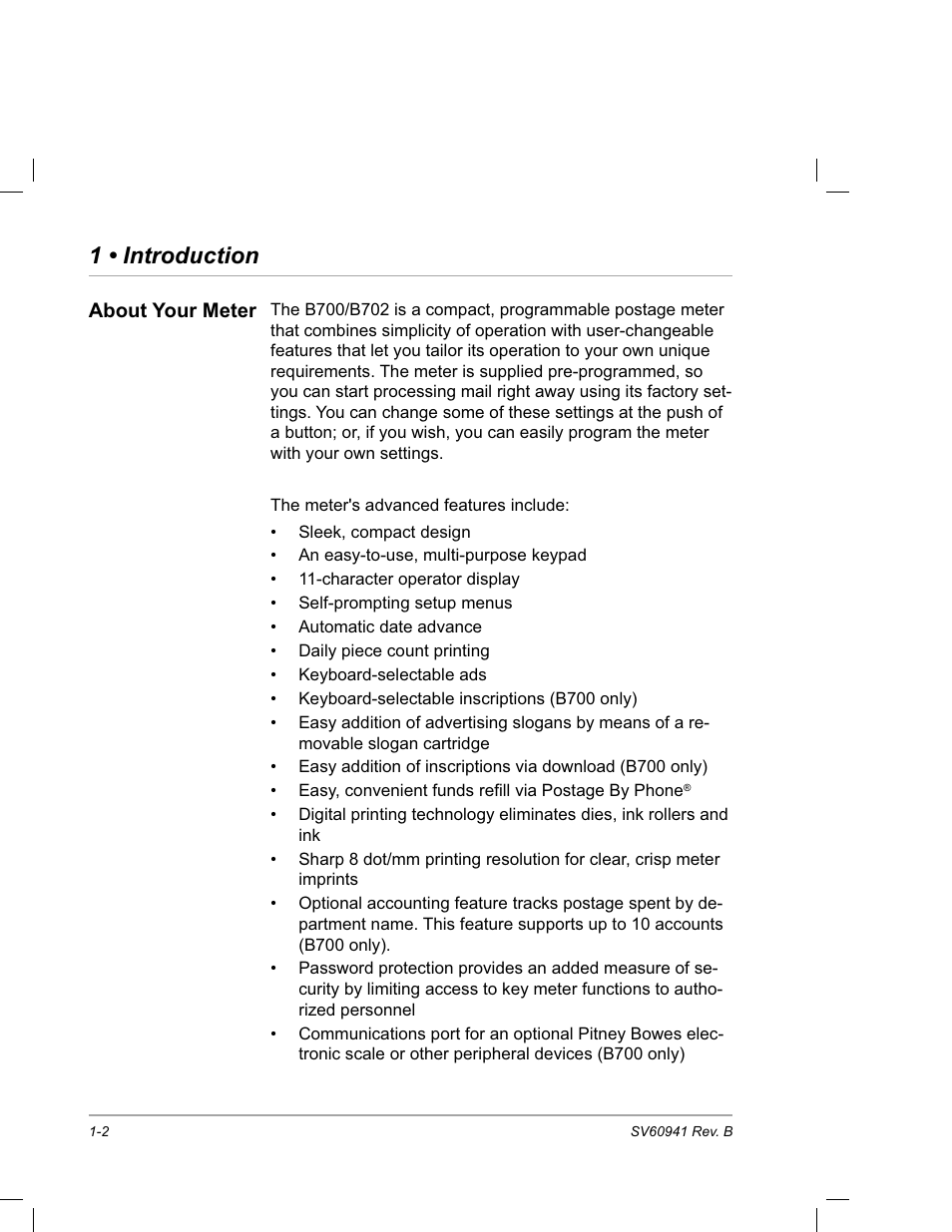 About your meter, 1 • introduction | Pitney Bowes PostPerfect B700 User Manual | Page 9 / 96