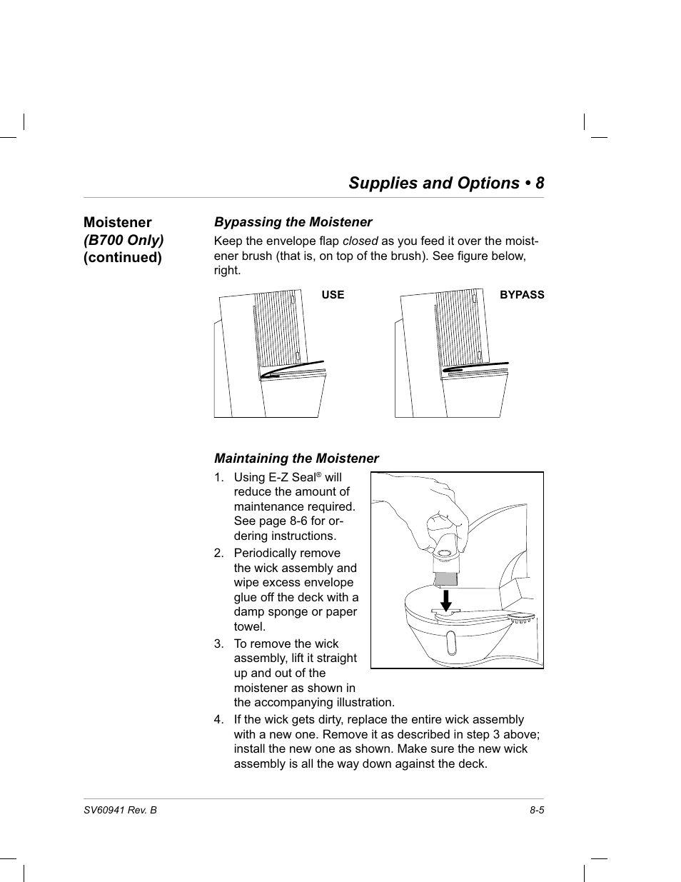 Bypassing the moistener, Maintaining the moistener, Supplies and options • 8 | Pitney Bowes PostPerfect B700 User Manual | Page 90 / 96