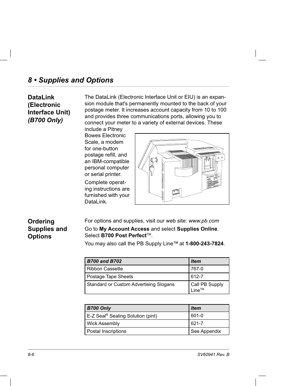 Datalink (electronic interface unit) (b700 only), Ordering supplies and options, 8 • supplies and options | Pitney Bowes PostPerfect B700 User Manual | Page 91 / 96