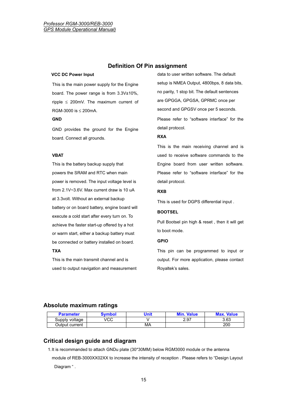 Definition of pin assignment, Absolute maximum ratings, Critical design guide and diagram | Professor Tech RGM-3000 Series User Manual | Page 16 / 22