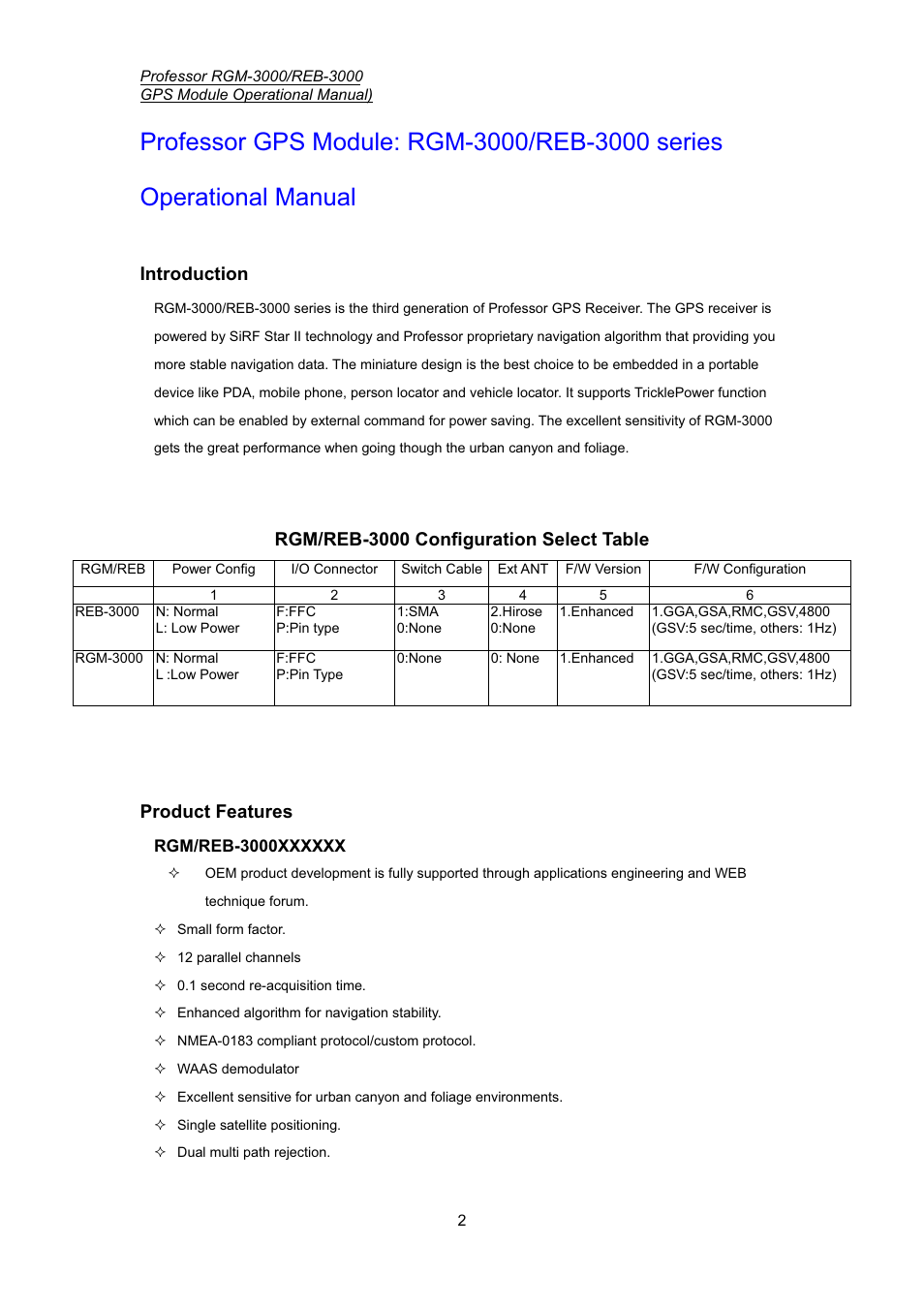 Introduction, Rgm/reb-3000 configuration select table, Product features | Professor Tech RGM-3000 Series User Manual | Page 3 / 22