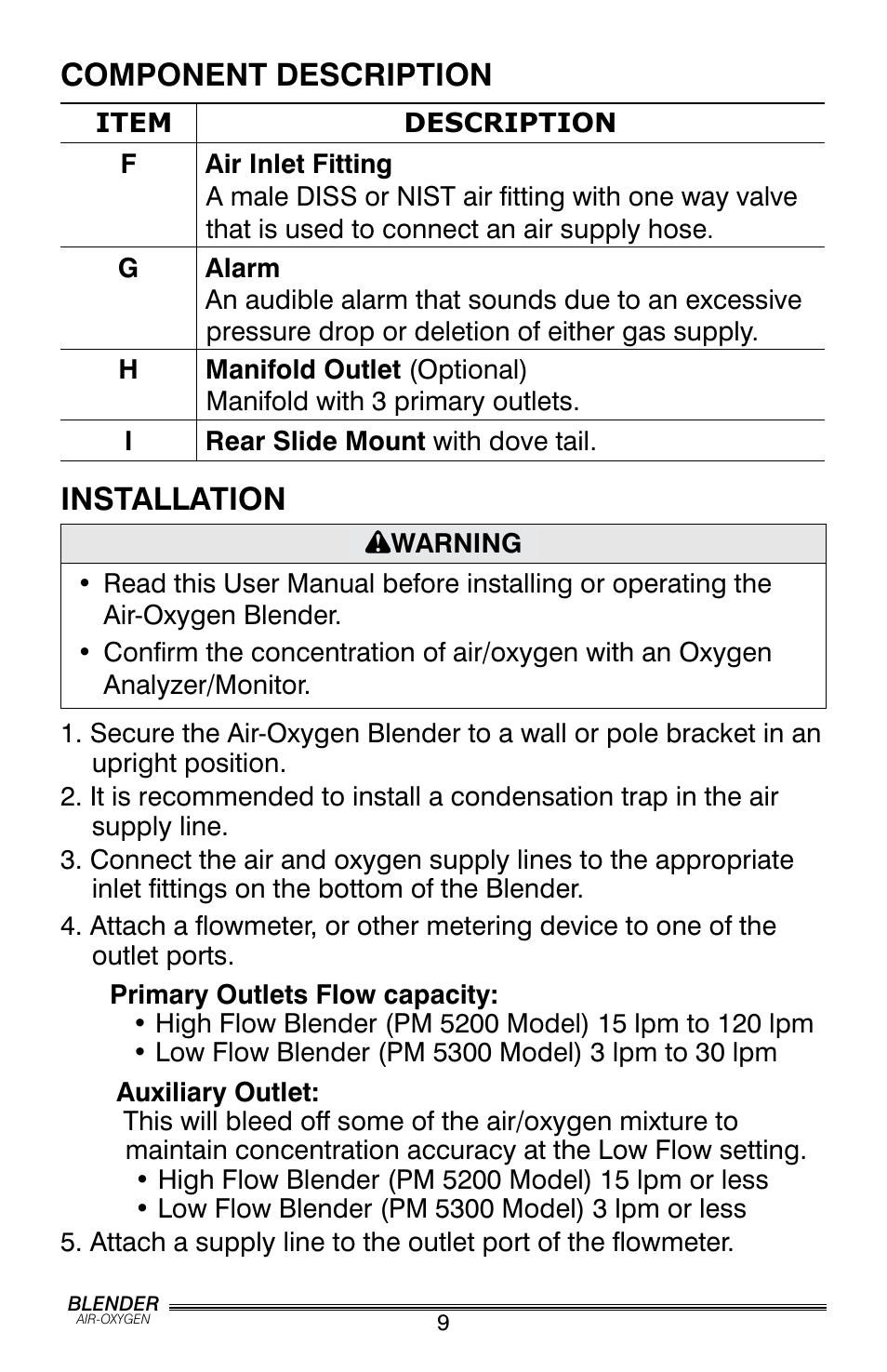 Component description, Installation | Precision Trading PM5200 User Manual | Page 10 / 16