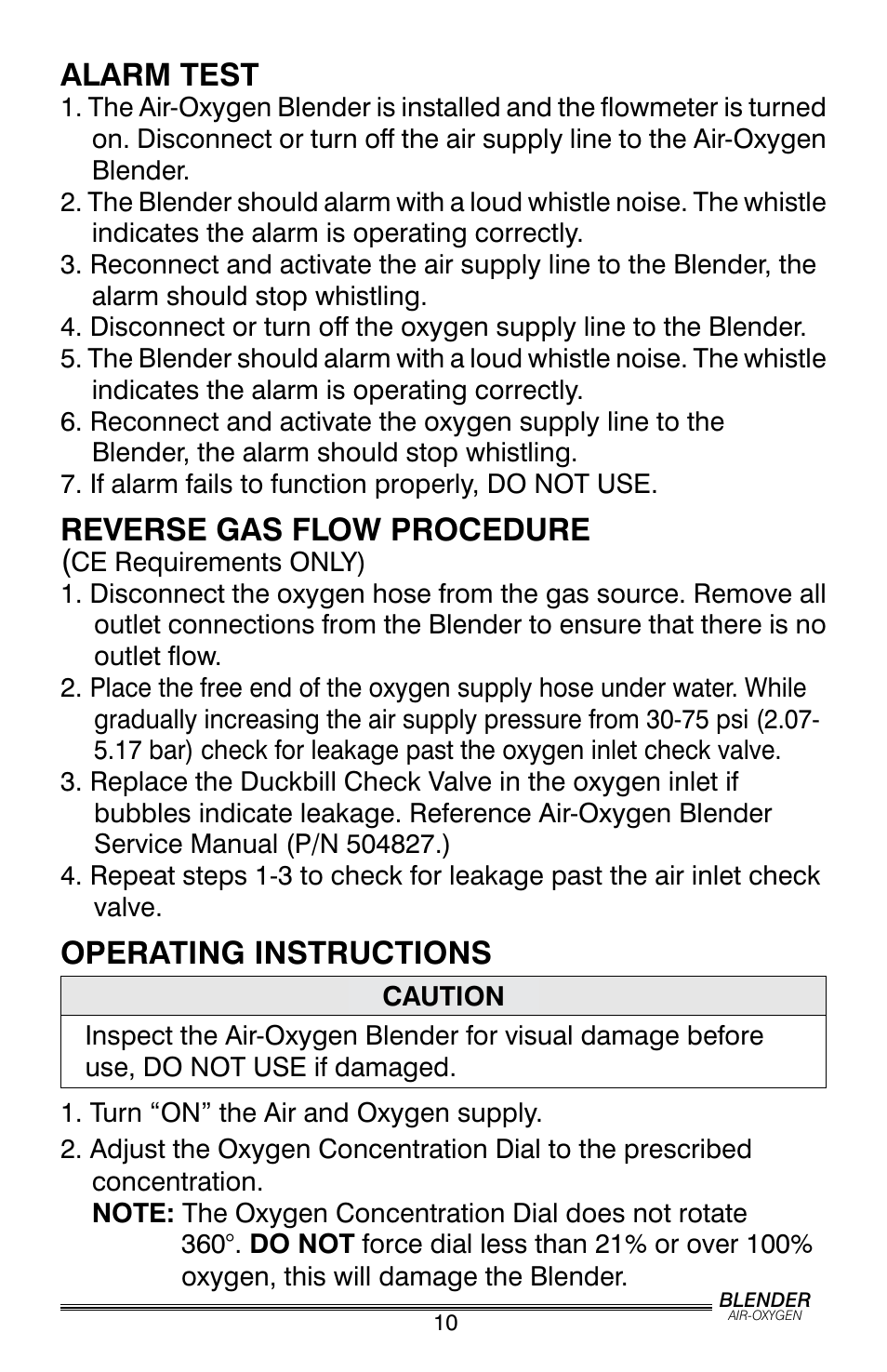 Alarm test, Reverse gas flow procedure, Operating instructions | Precision Trading PM5200 User Manual | Page 11 / 16