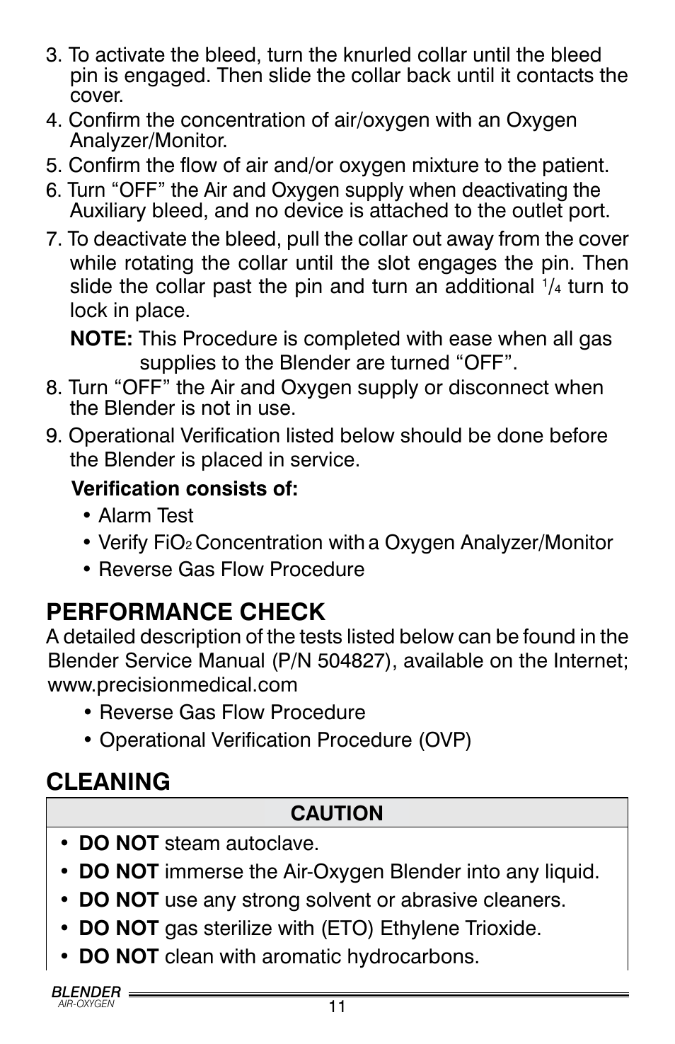 Performance check, Cleaning | Precision Trading PM5200 User Manual | Page 12 / 16