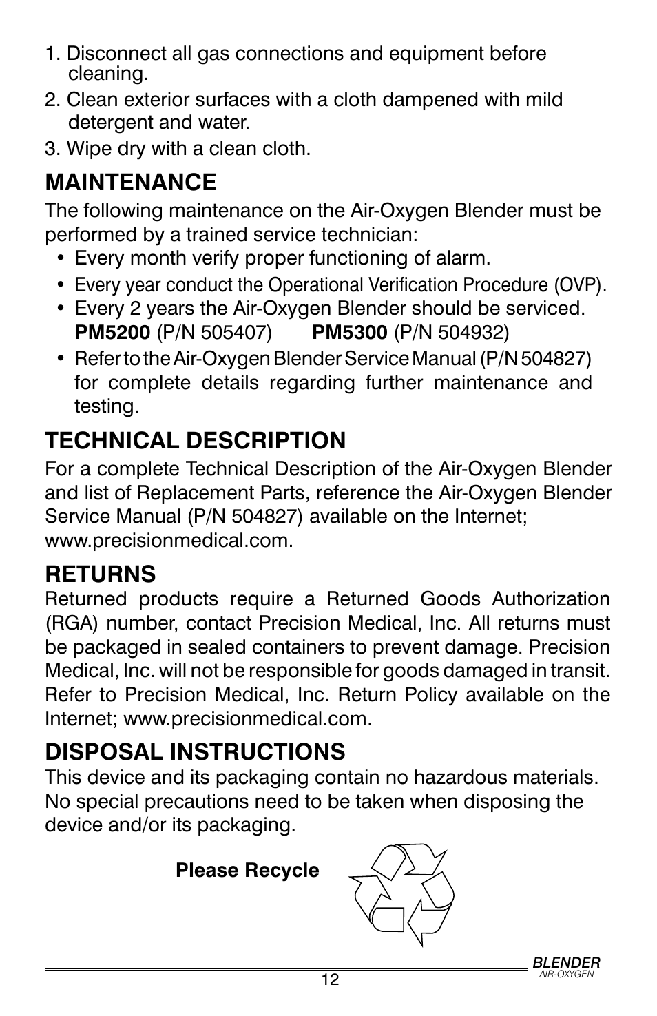 Maintenance, Technical description, Returns | Disposal instructions | Precision Trading PM5200 User Manual | Page 13 / 16