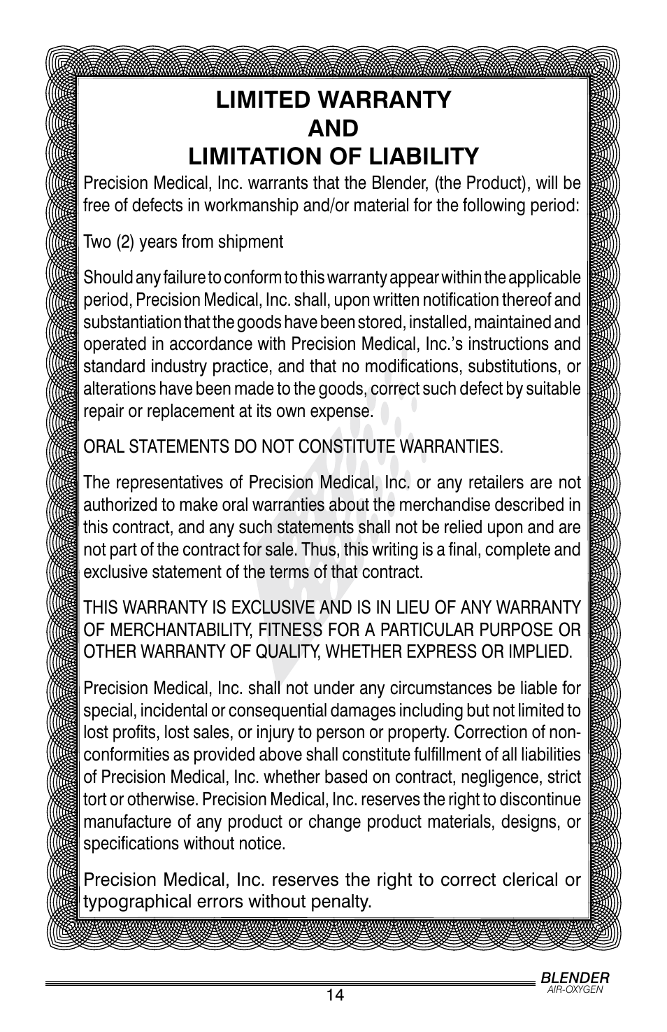 Limited warranty and limitation of liability | Precision Trading PM5200 User Manual | Page 15 / 16