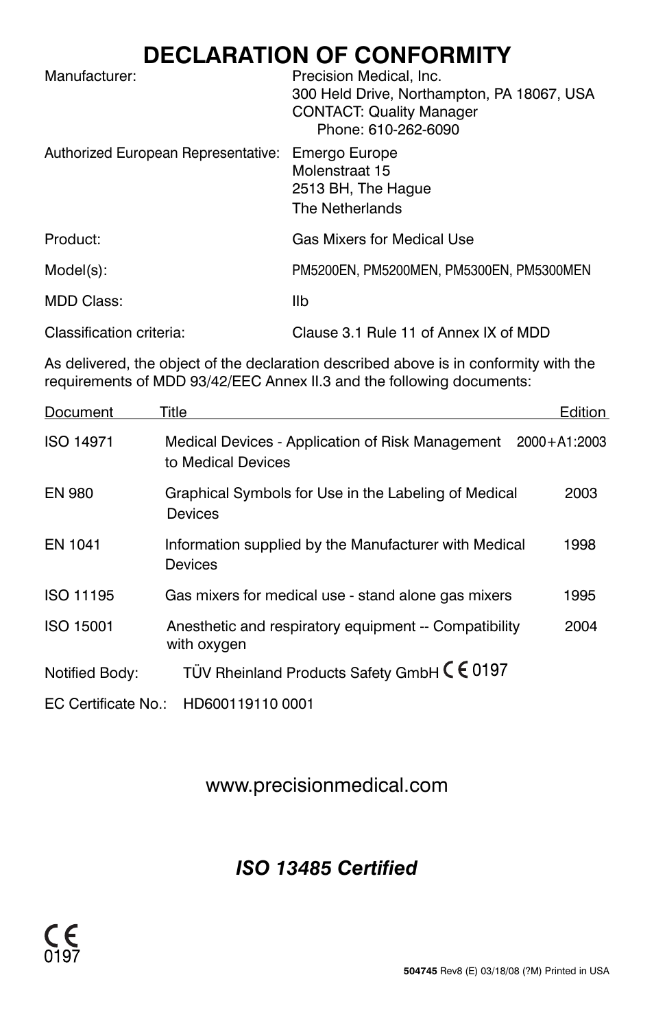 Declaration of conformity | Precision Trading PM5200 User Manual | Page 16 / 16