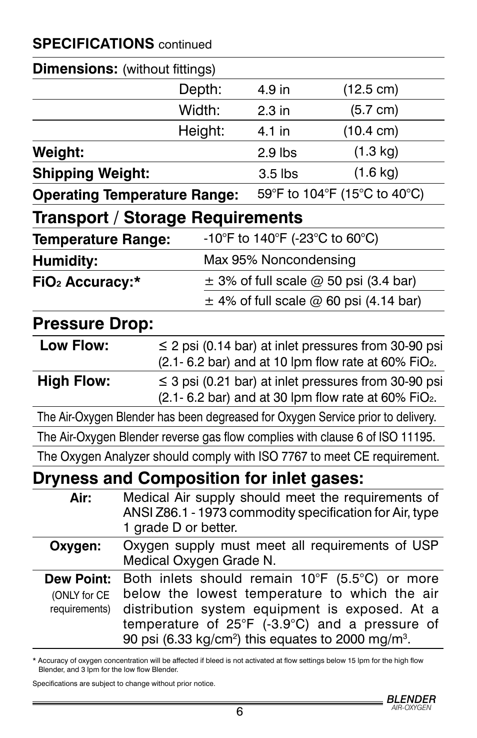 Transport / storage requirements, Pressure drop, Dryness and composition for inlet gases | Precision Trading PM5200 User Manual | Page 7 / 16