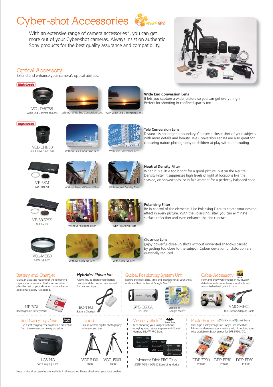 Cyber-shot accessories, Optical accessory, Soft carrying case | Tripod, Battery and charger, Cable accessory, Photo printer, Global positioning system unit | Pro Optic Cyber-shot H3 User Manual | Page 11 / 12