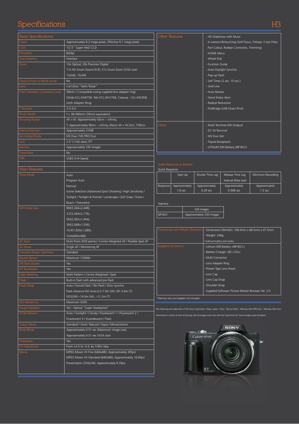 Specifications h3 | Pro Optic Cyber-shot H3 User Manual | Page 12 / 12