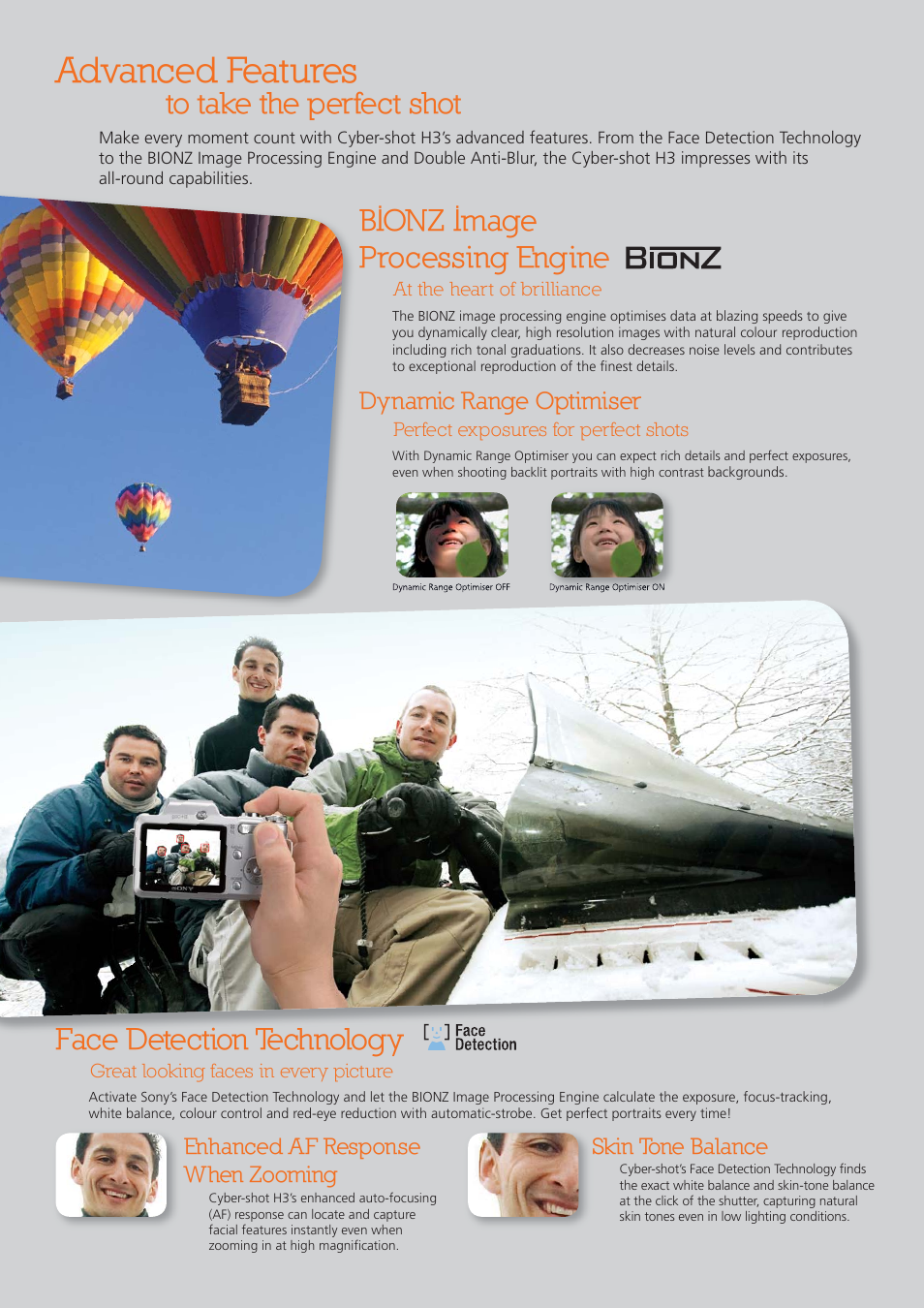 Advanced features, Bionz image processing engine, Face detection technology | Dynamic range optimiser | Pro Optic Cyber-shot H3 User Manual | Page 6 / 12