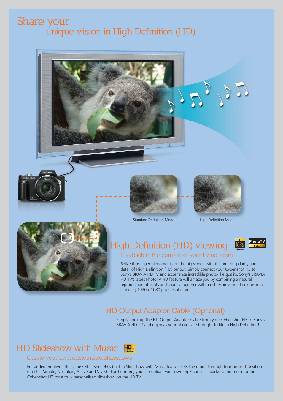 Share your, Unique vision in high definition (hd), Hd slideshow with music | High definition (hd) viewing | Pro Optic Cyber-shot H3 User Manual | Page 9 / 12