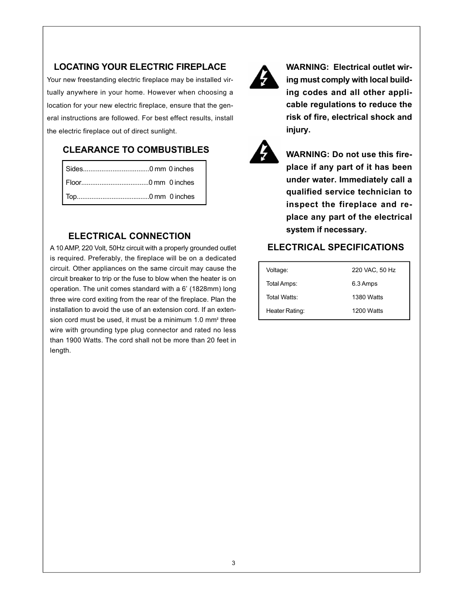 Clearance to combustibles electrical connection, Electrical specifications, Locating your electric fireplace | Procom SFE33RE User Manual | Page 4 / 13