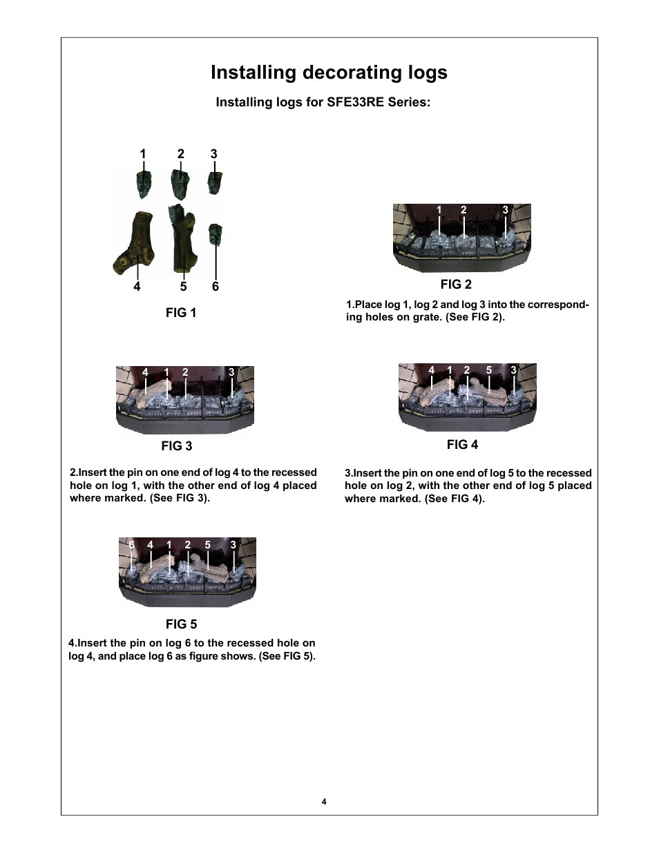 Installing decorating logs | Procom SFE33RE User Manual | Page 5 / 13