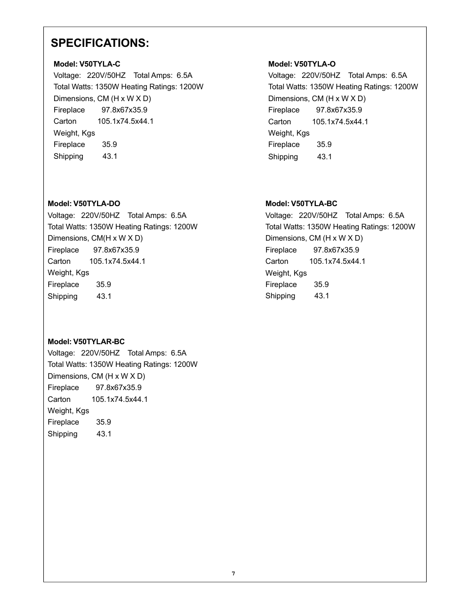 Specifications | Procom V50TYLA-BC User Manual | Page 7 / 13