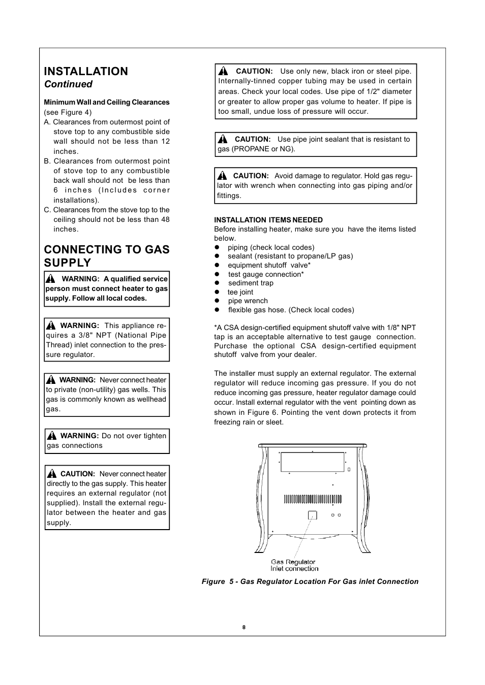 Connecting to gas supply, Installation, Continued | Procom SSU320RHL-B User Manual | Page 8 / 22