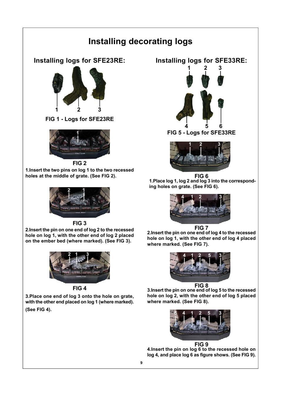 Installing decorating logs, Installing logs for sfe23re, Installing logs for sfe33re | Procom PRO-COM SFE33RE-O User Manual | Page 10 / 11