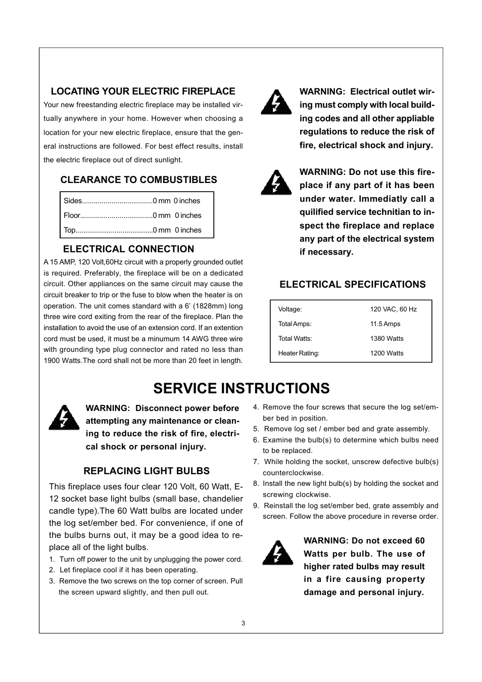 Service instructions, Clearance to combustibles electrical connection, Electrical specifications | Replacing light bulbs, Locating your electric fireplace | Procom PRO-COM SFE33RE-O User Manual | Page 4 / 11