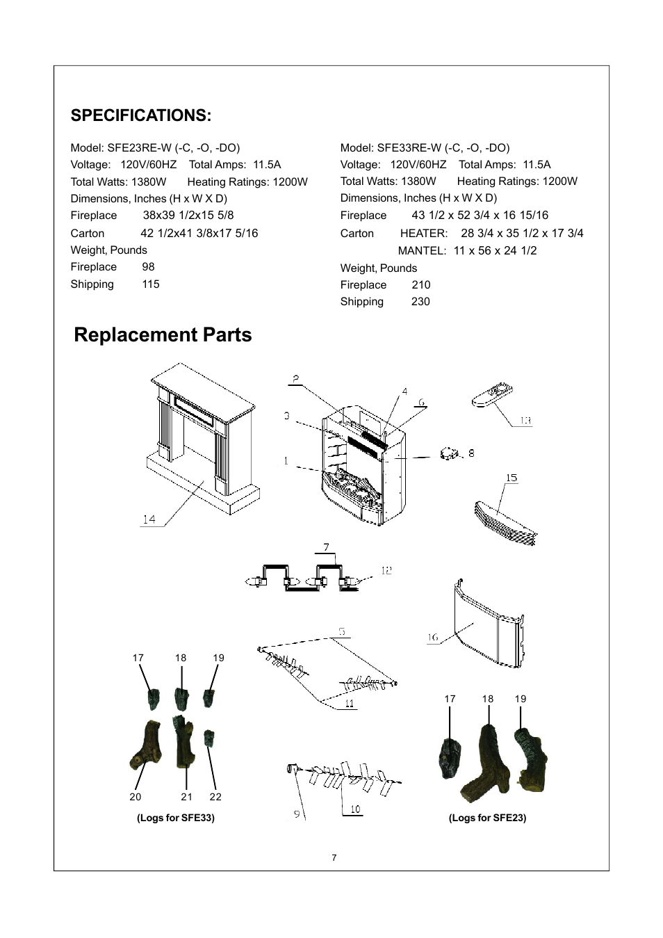 Replacement parts, Specifications | Procom PRO-COM SFE33RE-O User Manual | Page 8 / 11